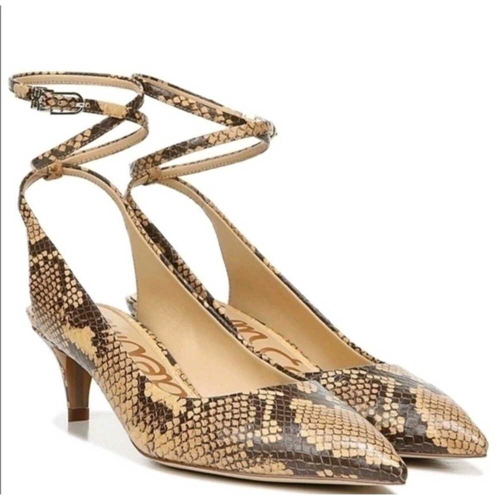 New Sam Edelman Kitten Heels 7.5 37.5 Snakeskin‎ Tan Pointed Toe Slingback Devry